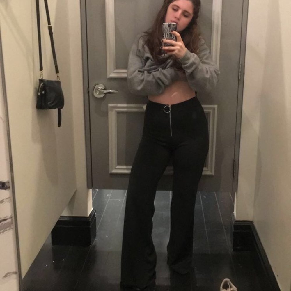 High Waisted Dark Green Flare Pants with Hoop Zip